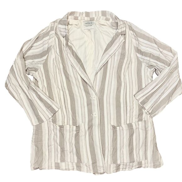 Torrid 3X  Plus Linen-Blend Blazer Jacket Beige Stripe Lined Pockets Fall Layers - Picture 3 of 8